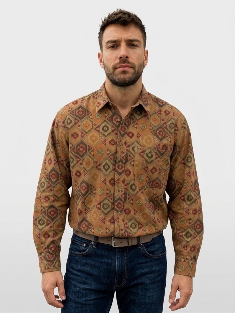 Bill Blass Tribal Pattern All Cotton Men's Button Down Shirt Size Large